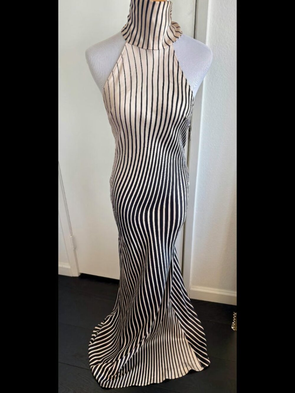 Black Ivory Striped Scarf Halter Open Back Mermaid Maxi Dress